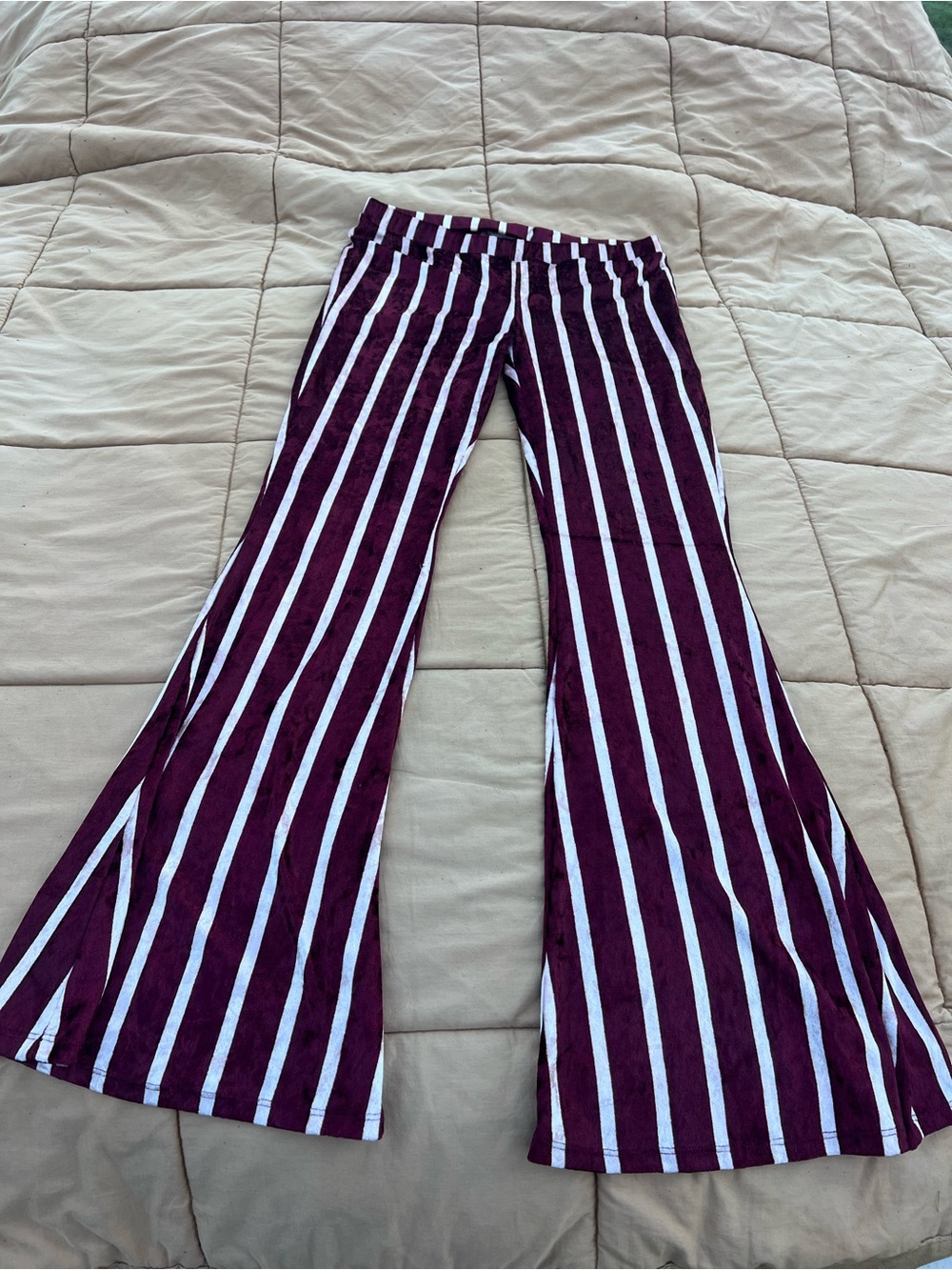 Earthbound Trading Burgundy/Pink Stripe Flared Leg Crushed Velvet Pants Size L